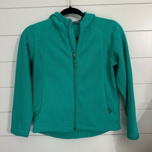 LL Bean Girls Large 14-16 Full Zip Fleece Jacket Hood Blue Green Outdoors Warm